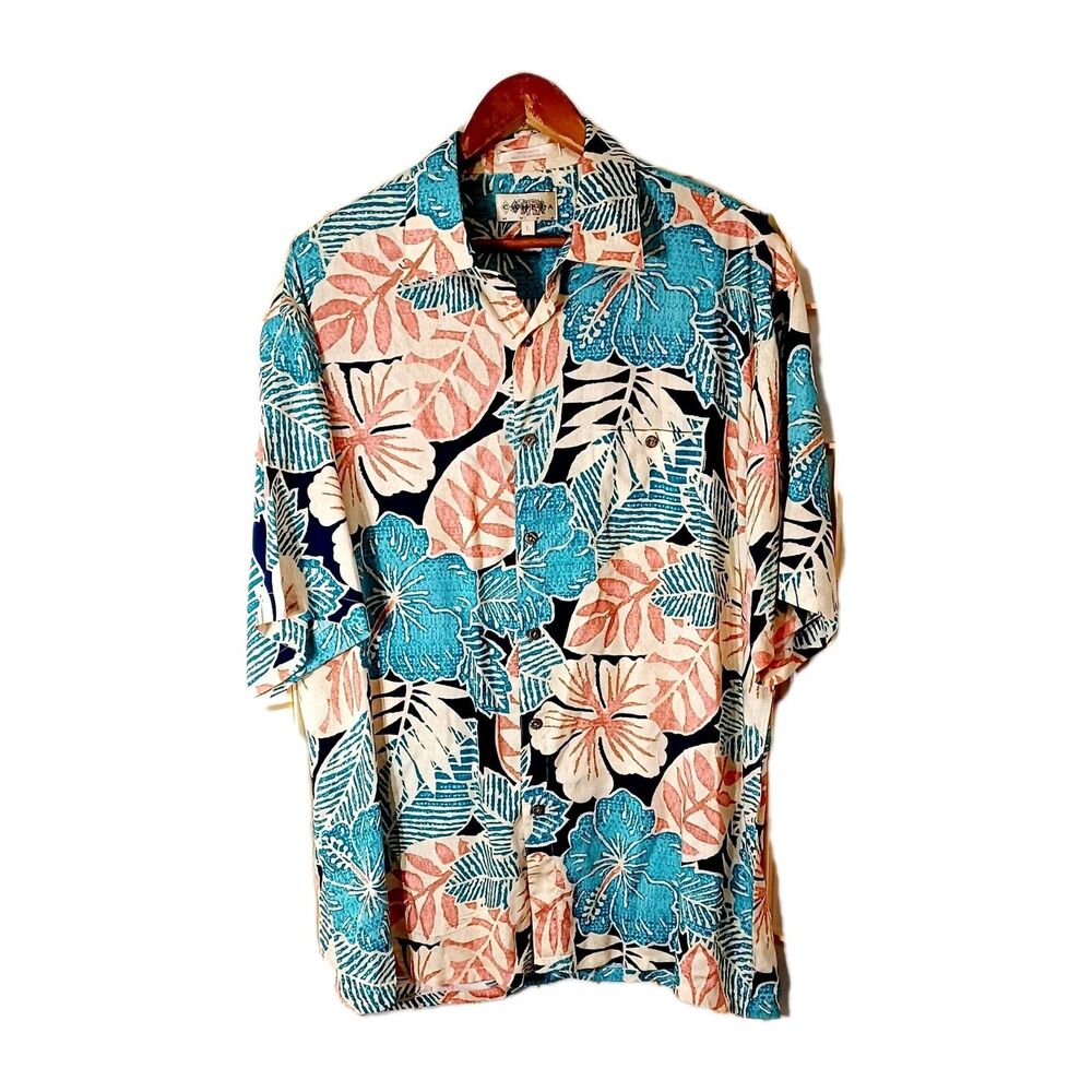Campia Moda Men's Tropical Hawaiian Floral Rayon Shirt Blue Short Sleeve Size L